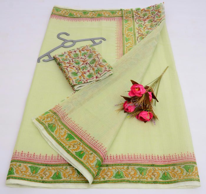 Block Printed Kota Cotton Mix Saree - Olive Colour