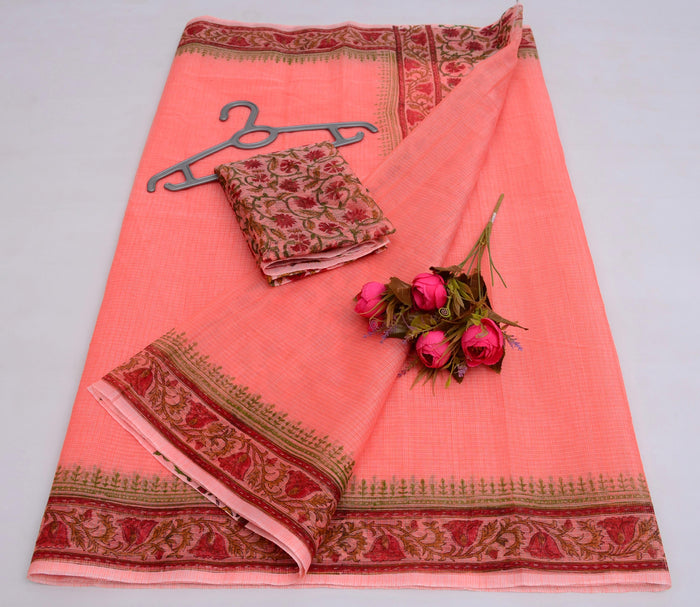 Block Printed Kota Cotton Mix Saree - Peach Color