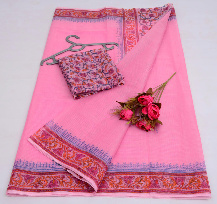 Block Printed Kota Cotton Mix Saree - Pink Colour
