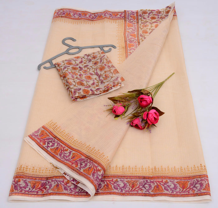 Block Printed Kota Cotton Mix Saree - Cream Color