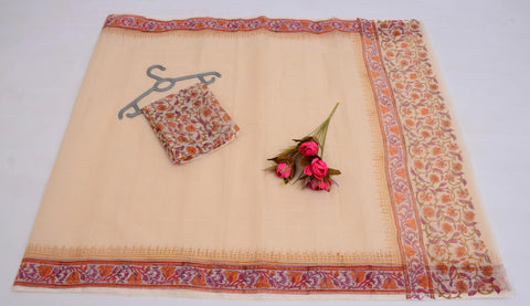 Block Printed Kota Cotton Mix Saree - Cream Color