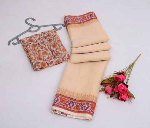 Block Printed Kota Cotton Mix Saree - Cream Color
