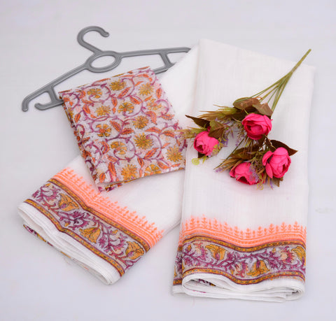 Block Printed Kota Cotton Mix Saree - White Color