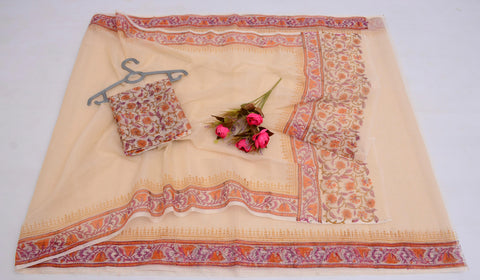 Block Printed Kota Cotton Mix Saree - Cream Color