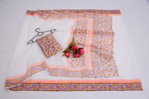 Block Printed Kota Cotton Mix Saree - White Color