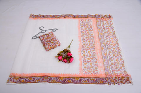Block Printed Kota Cotton Mix Saree - White Color