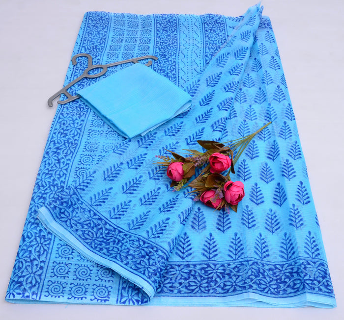 Blue Color - Block Printed Kota Doria Saree