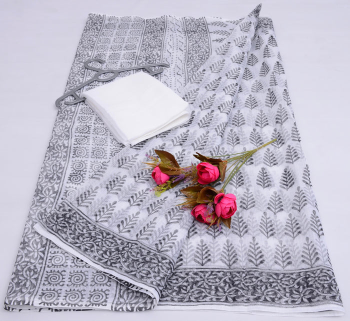 White Color - Block Printed Kota Doria Saree