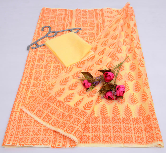 Yellow Color  - Block Printed Kota Doria Saree