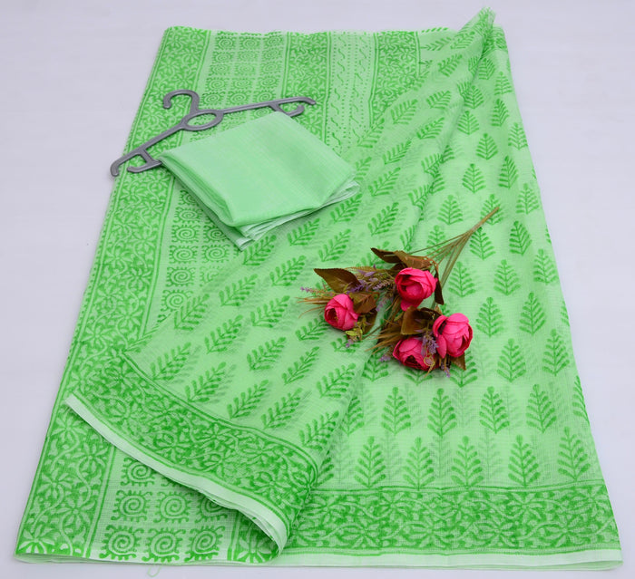 Block Printed Kota Doria Saree - Green Color