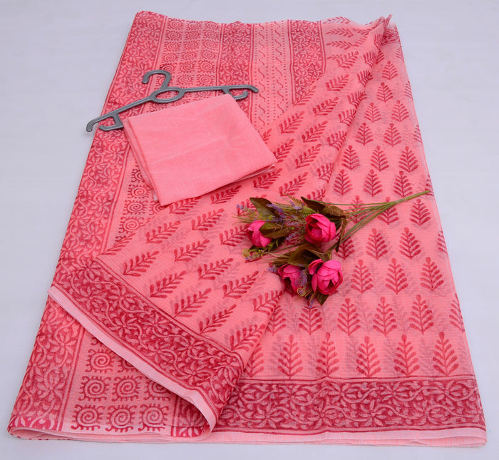 Pink Color -  Block Printed Kota Doria Saree