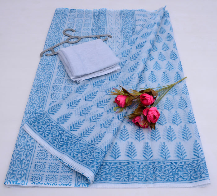Block Printed Kota Doria Saree - Bluish Grey