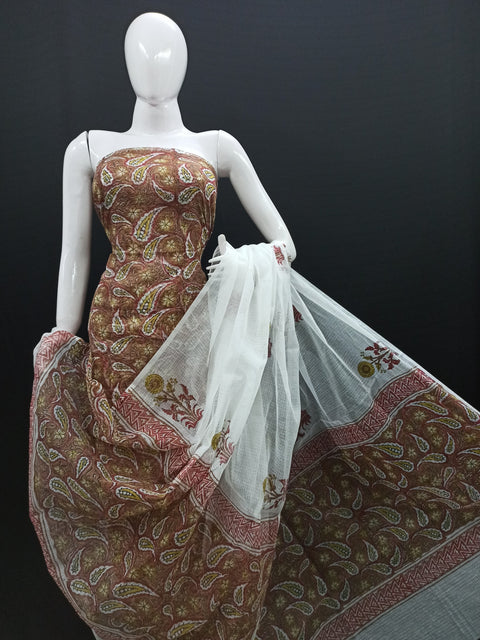Hand Block Printed Kota Doria Dress Material - Brown Colour