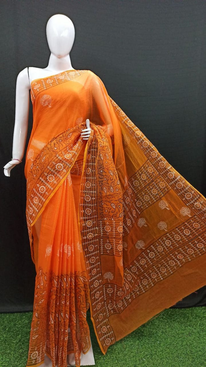 Block Printed Kota Cotton Saree - Orange Color