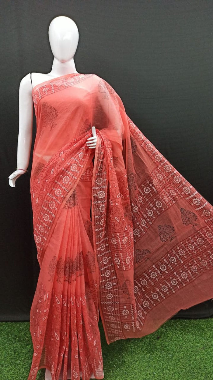 Block Printed Kota Cotton Saree - Red Color