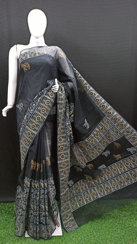 Block Printed Kota Cotton Saree - Black Color