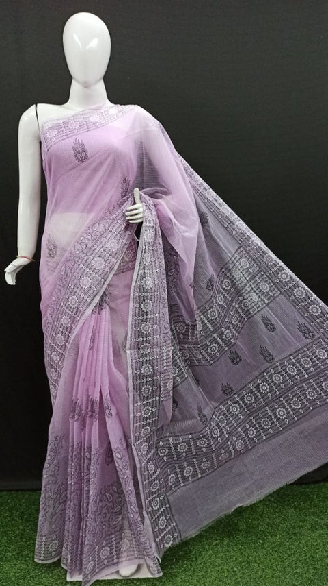 Block Printed Kota Cotton Saree - Lavender Color