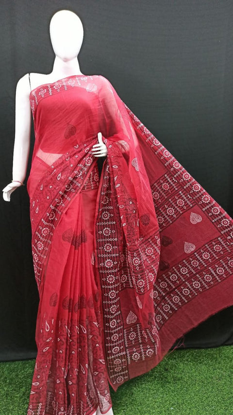 Block Printed Kota Cotton Saree - Rani Pink Color