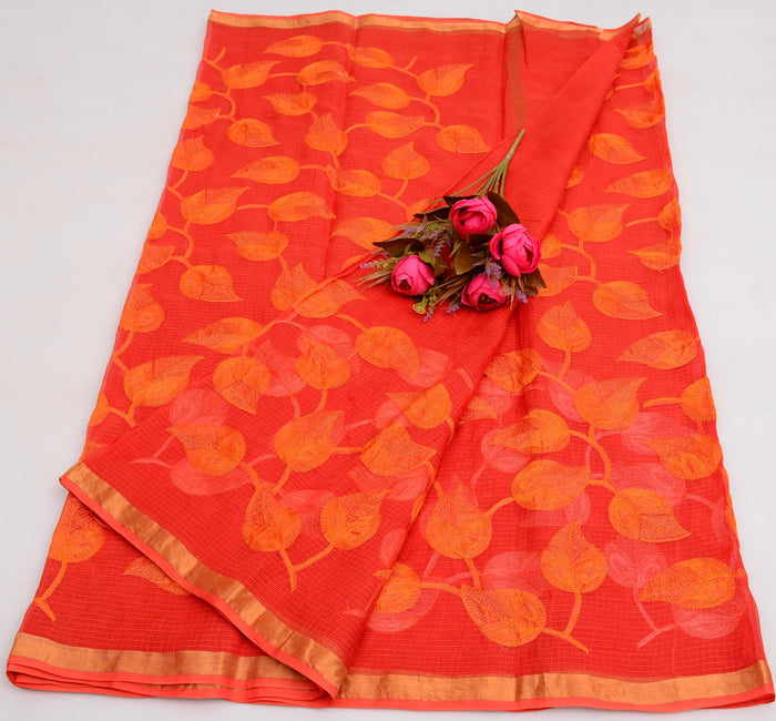 Pure Cotton Kota Embroidered Saree -  Orange Color