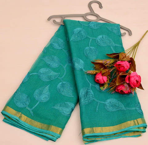Pure Cotton Kota Embroidered Saree -  Blue Color