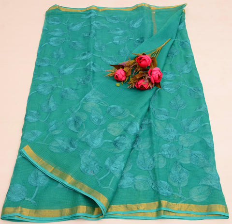 Pure Cotton Kota Embroidered Saree -  Blue Color