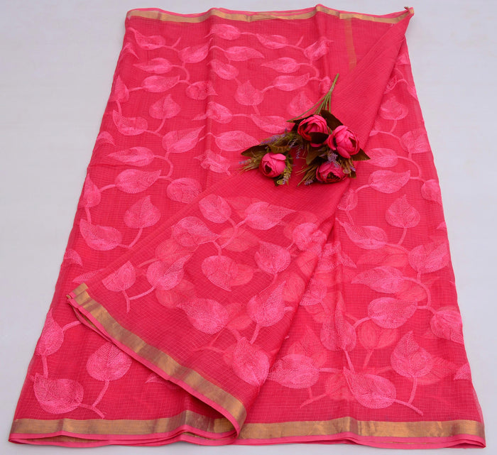 Pure Cotton Kota Embroidered Saree -  Pink Color