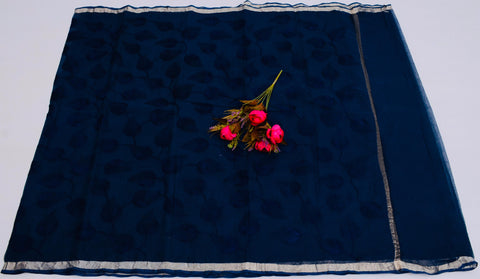Pure Cotton Kota Embroidered Saree -  Navy Blue Color