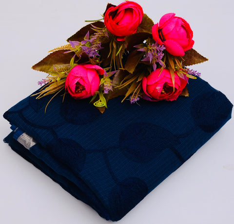 Pure Cotton Kota Embroidered Saree -  Navy Blue Color