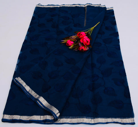 Pure Cotton Kota Embroidered Saree -  Navy Blue Color