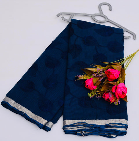 Pure Cotton Kota Embroidered Saree -  Navy Blue Color