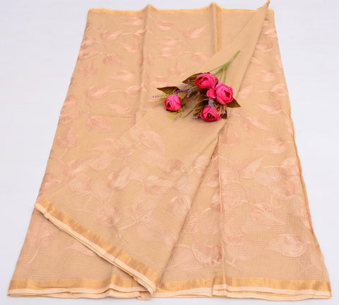 Pure Cotton Kota Embroidered Saree -  Beige Color