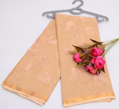 Pure Cotton Kota Embroidered Saree -  Beige Color