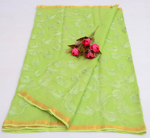 Pure Cotton Kota Embroidered Saree - Green Color