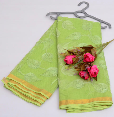 Pure Cotton Kota Embroidered Saree - Green Color