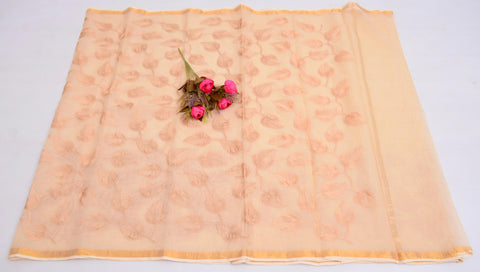 Pure Cotton Kota Embroidered Saree - Light Peach Color