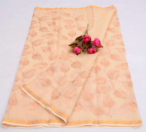 Pure Cotton Kota Embroidered Saree - Light Peach Color