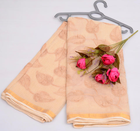 Pure Cotton Kota Embroidered Saree - Light Peach Color