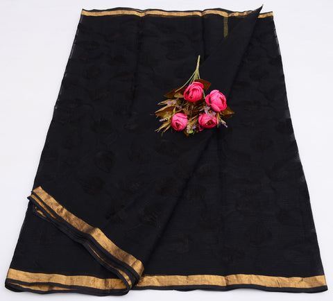 Pure Cotton Kota Embroidered Saree - Black Color