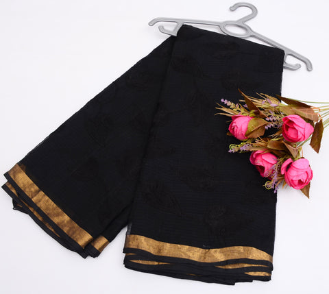Pure Cotton Kota Embroidered Saree - Black Color