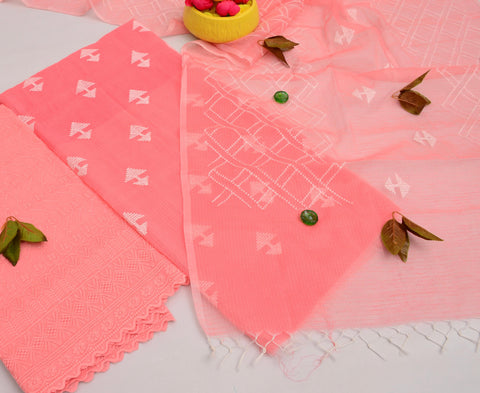 कढ़ाई वर्क कोटा कॉटन अनस्टिच्ड सूट मैचिंग बॉटम के साथ - गुलाबी