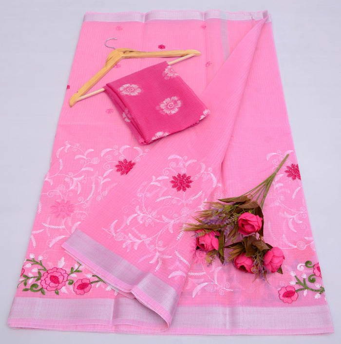 Kota Doria Cotton Mix Embroidered Work Saree - Pink Color