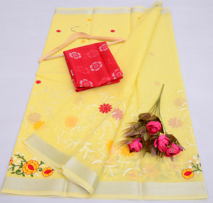 Kota Doria Cotton Mix Embroidered Work Saree - Yellow Color