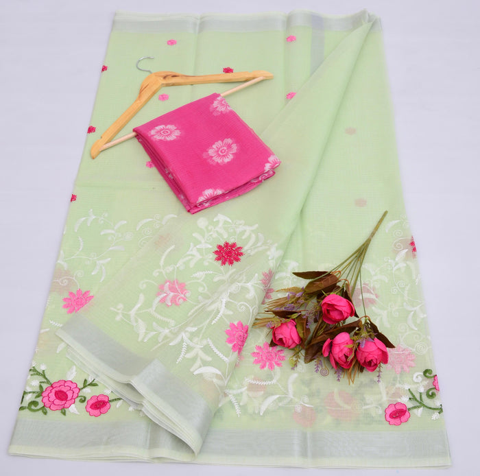 Kota Doria Cotton Mix Embroidered Work Saree - Pista Green Color