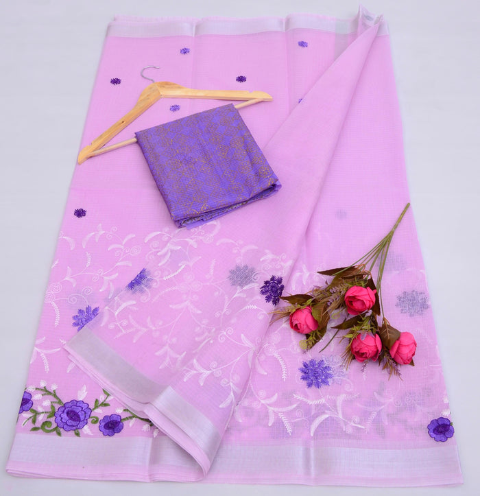 Kota Doria Cotton Mix Embroidered Work Saree - Purple Color
