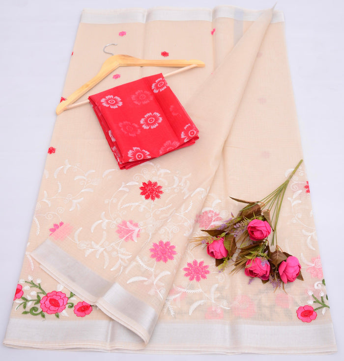Kota Doria Cotton Mix Embroidered Work Saree - Cream Color