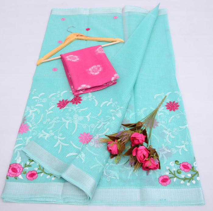 Blue Color - Kota Doria Cotton Mix Embroidered Work Saree