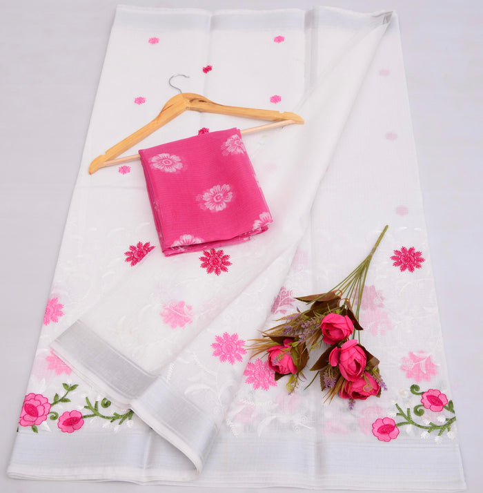 Kota Doria Cotton Mix Embroidered Work Saree - White Color