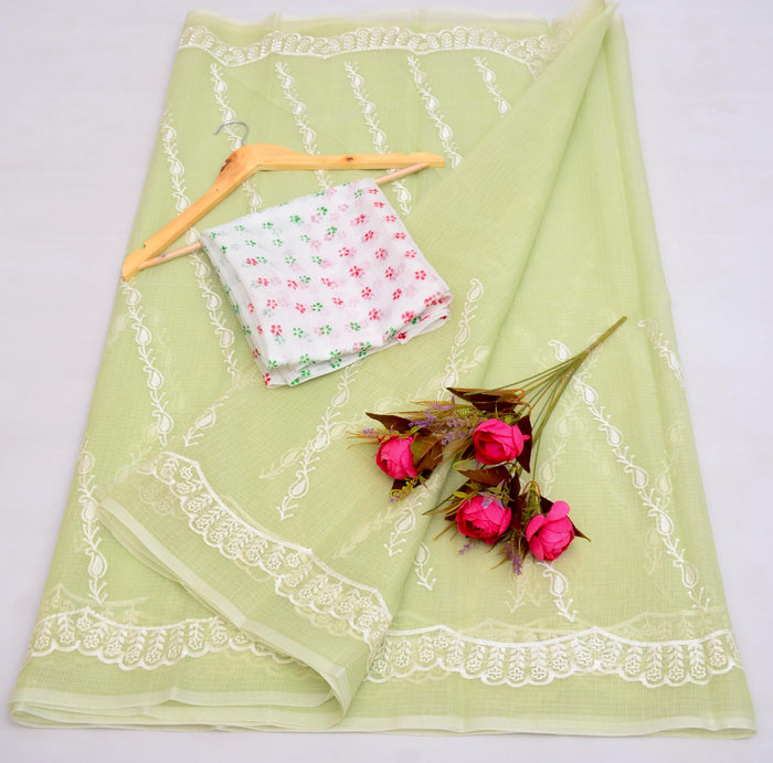 Embroidered Work Kota Saree - Pista Green Color