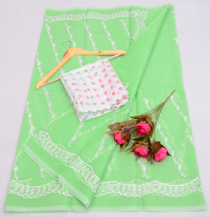 Embroidered Work Kota Saree - Green Color