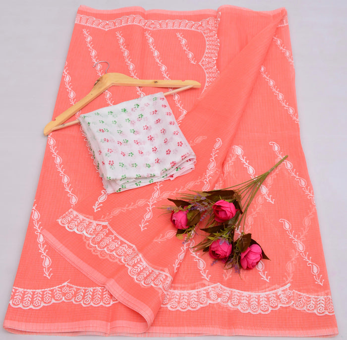 Embroidered Work Kota Saree - Peach Color
